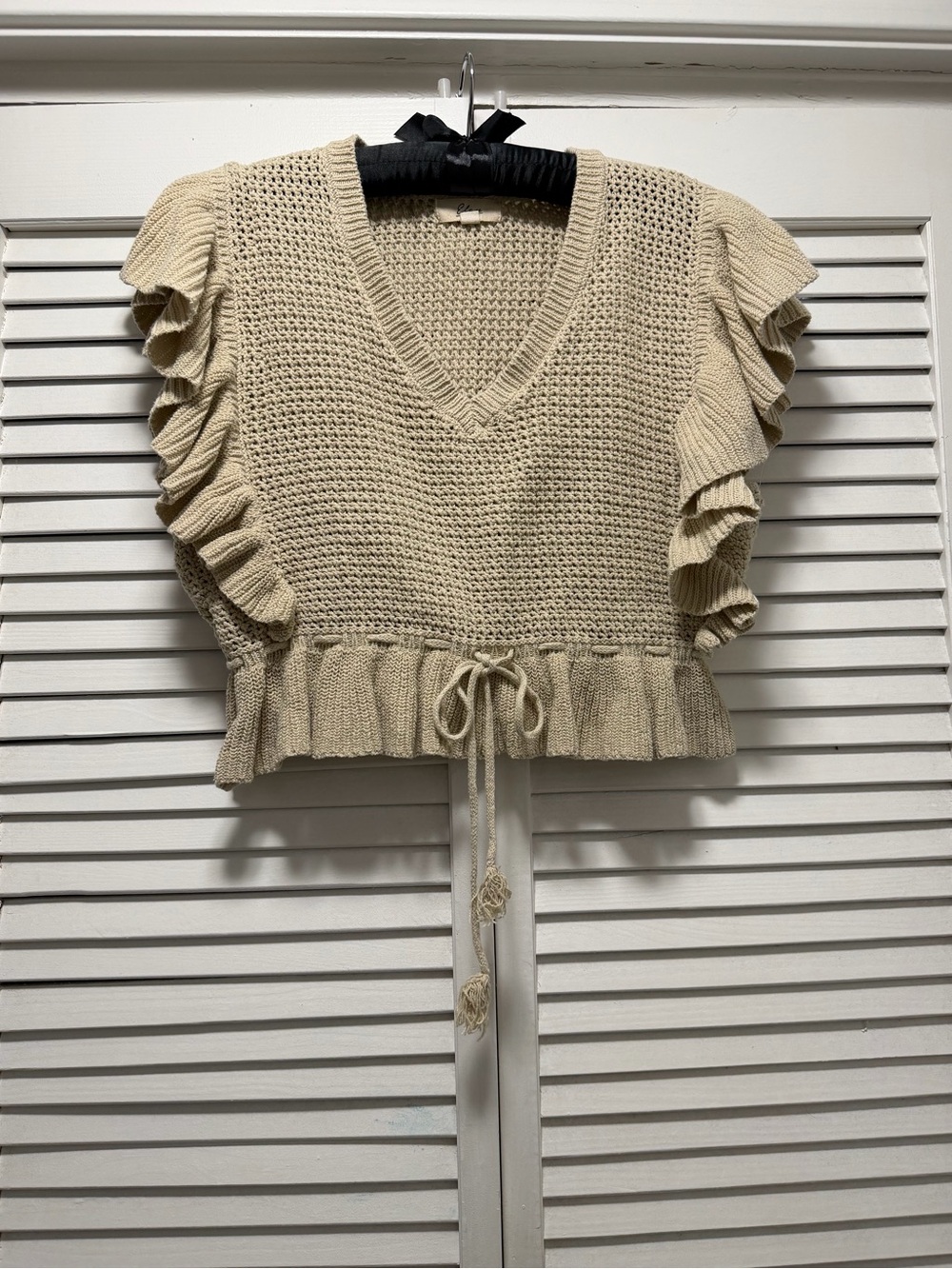 Cotton Cream Open-Knit V-Neck Sweater Top size M